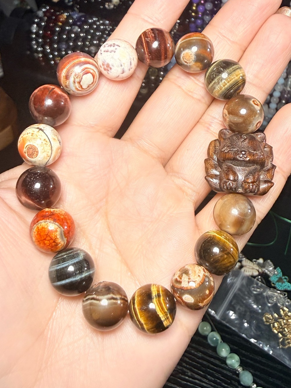 12mm Tiger’s Eye & Ancient Agate Nine-Tail Fox Bracelet